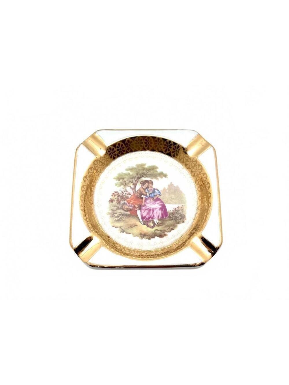 C.P. Limoges Porcelain Ashtray with Fragonard Romantic Scene, Gold Gilt, France